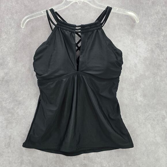 Black Crisscross Halter Stretch Padded Swim Tankini Top L Large - Picture 1 of 5